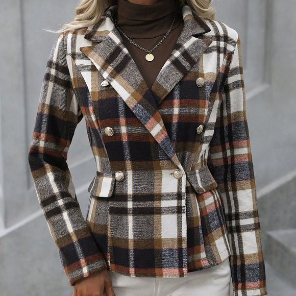 Tan Casual Plaid Print Double Breasted Blazer - Picture 2 of 6